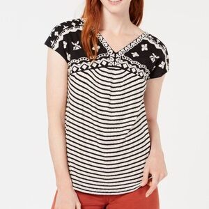 Lucky Brand Novelty Top Black Ivory Embroidered Striped Shirt BOHO Bohemian